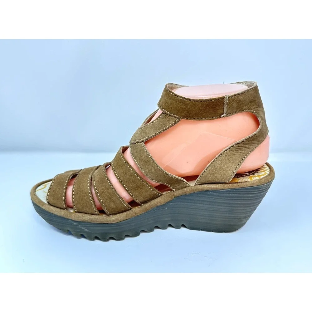 Fly London Yeba Tan Leather Strappy Wedge Sandals Womens EU 38 US 7.5-8 Comfort